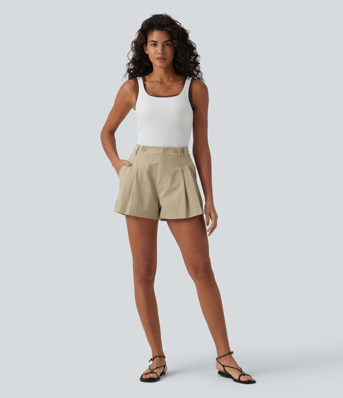 Mid Rise Pleated Stretchy Poplin Casual Shorts 3'' with Pockets — Fields of Rye — view 6