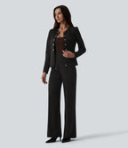 High Waisted Wide Leg Stripe Work Trousers with Pockets — Black Brown Black Pinstripe — view 6