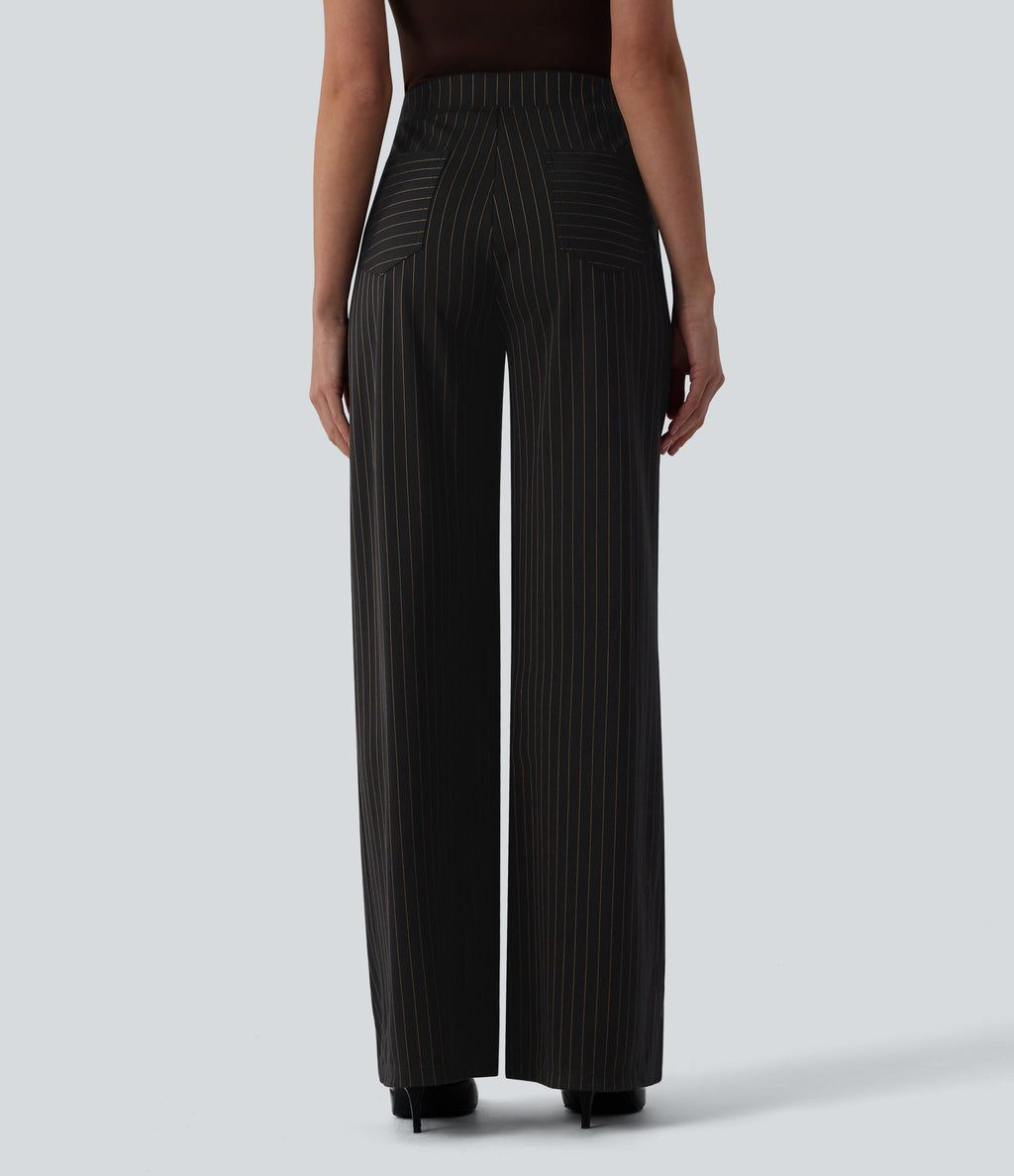 High Waisted Wide Leg Stripe Work Trousers with Pockets — Black Brown Black Pinstripe — view 2