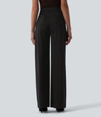 High Waisted Wide Leg Stripe Work Trousers with Pockets — Black Brown Black Pinstripe — view 2