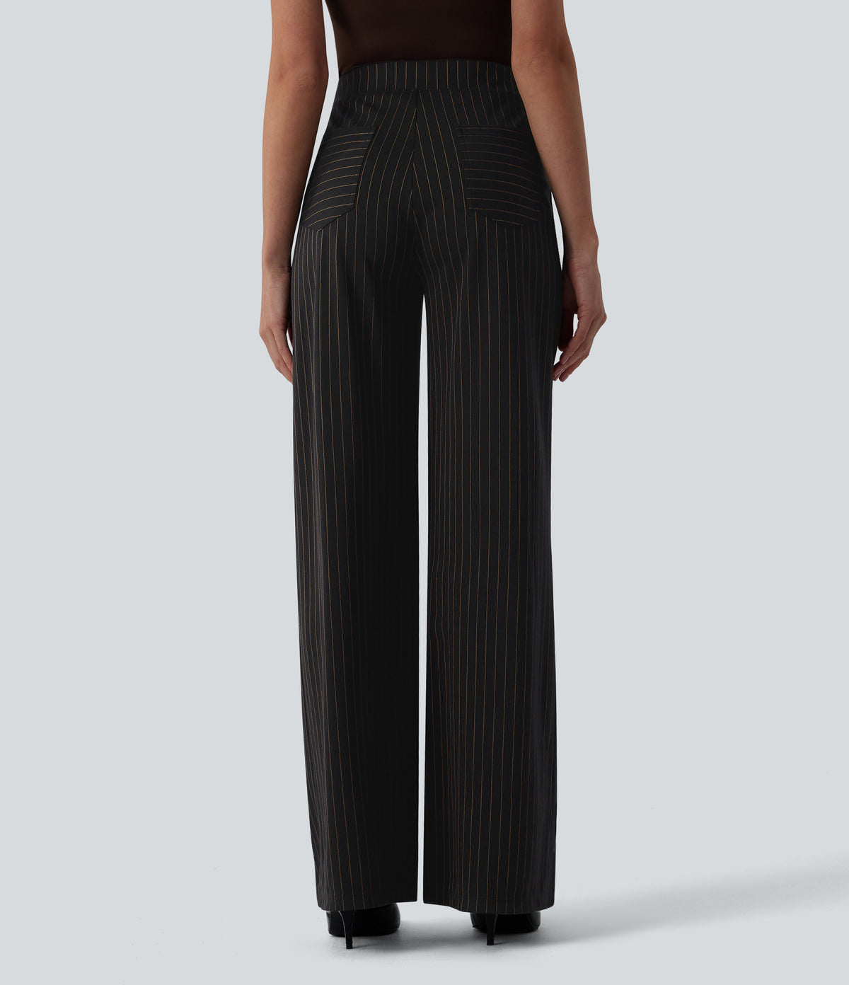 High Waisted Wide Leg Stripe Work Trousers with Pockets — Black Brown Black Pinstripe — view 2
