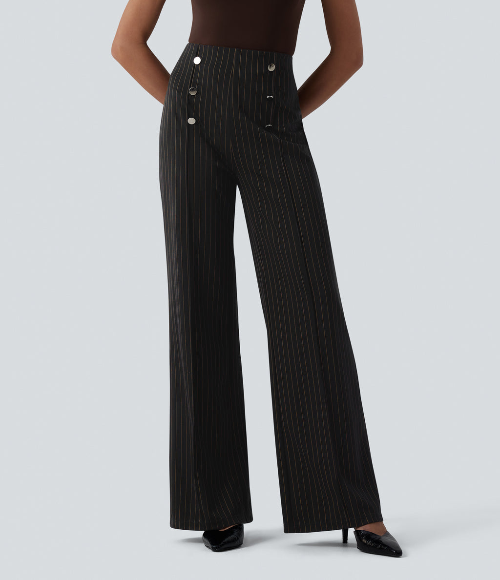 High Waisted Wide Leg Stripe Work Trousers with Pockets — Black Brown Black Pinstripe — view 1