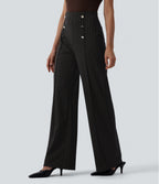 High Waisted Wide Leg Stripe Work Trousers with Pockets — Black Brown Black Pinstripe — view 3