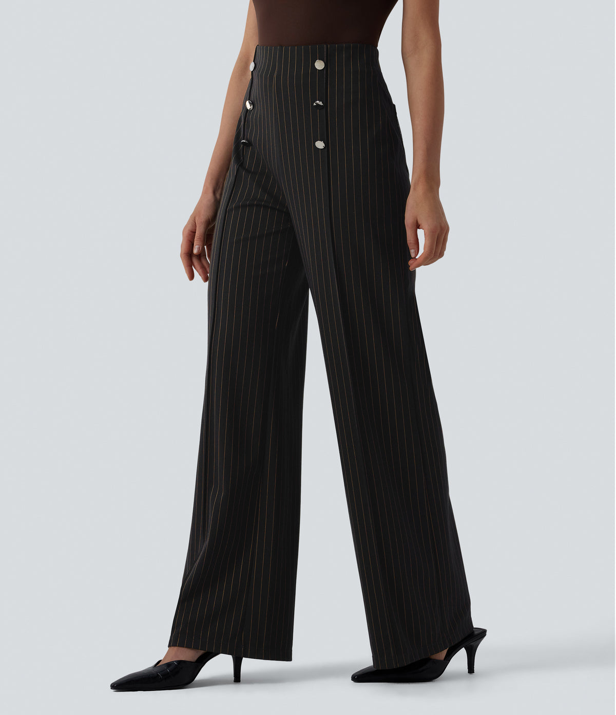 High Waisted Wide Leg Stripe Work Trousers with Pockets — Black Brown Black Pinstripe — view 3