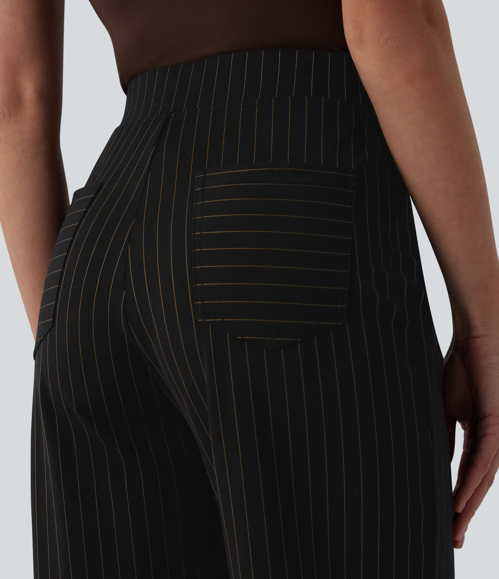 High Waisted Wide Leg Stripe Work Trousers with Pockets — Black Brown Black Pinstripe — view 5
