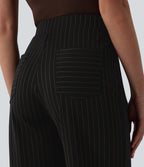 High Waisted Wide Leg Stripe Work Trousers with Pockets — Black Brown Black Pinstripe — view 5