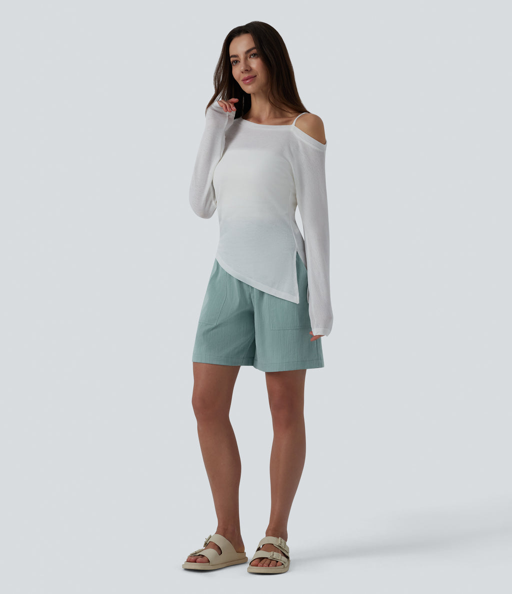 High Waisted Shirred Casual Linen-Feel Bermuda Shorts 7'' with Pockets — Silverwood Sage — view 6