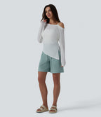 High Waisted Shirred Casual Linen-Feel Bermuda Shorts 7'' with Pockets — Silverwood Sage — view 6