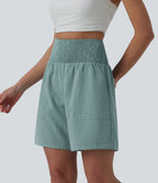 High Waisted Shirred Casual Linen-Feel Bermuda Shorts 7'' with Pockets — Silverwood Sage — view 3