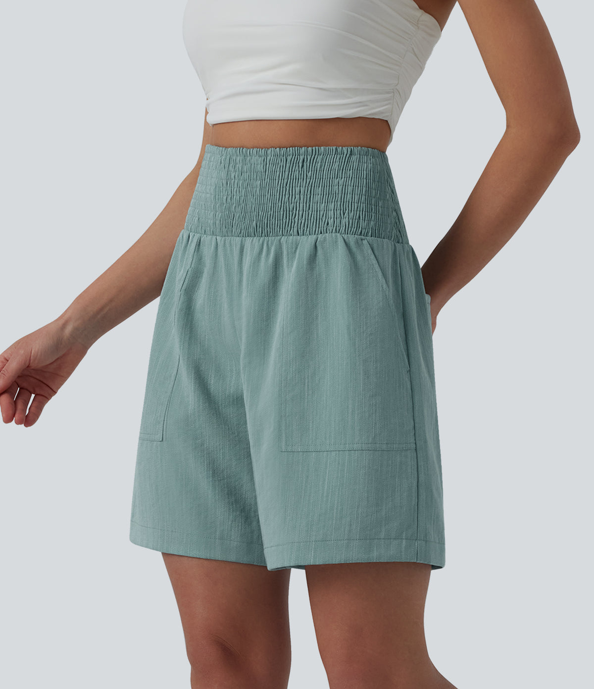 High Waisted Shirred Casual Linen-Feel Bermuda Shorts 7'' with Pockets — Silverwood Sage — view 3