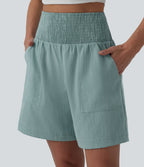 High Waisted Shirred Casual Linen-Feel Bermuda Shorts 7'' with Pockets — Silverwood Sage — view 4