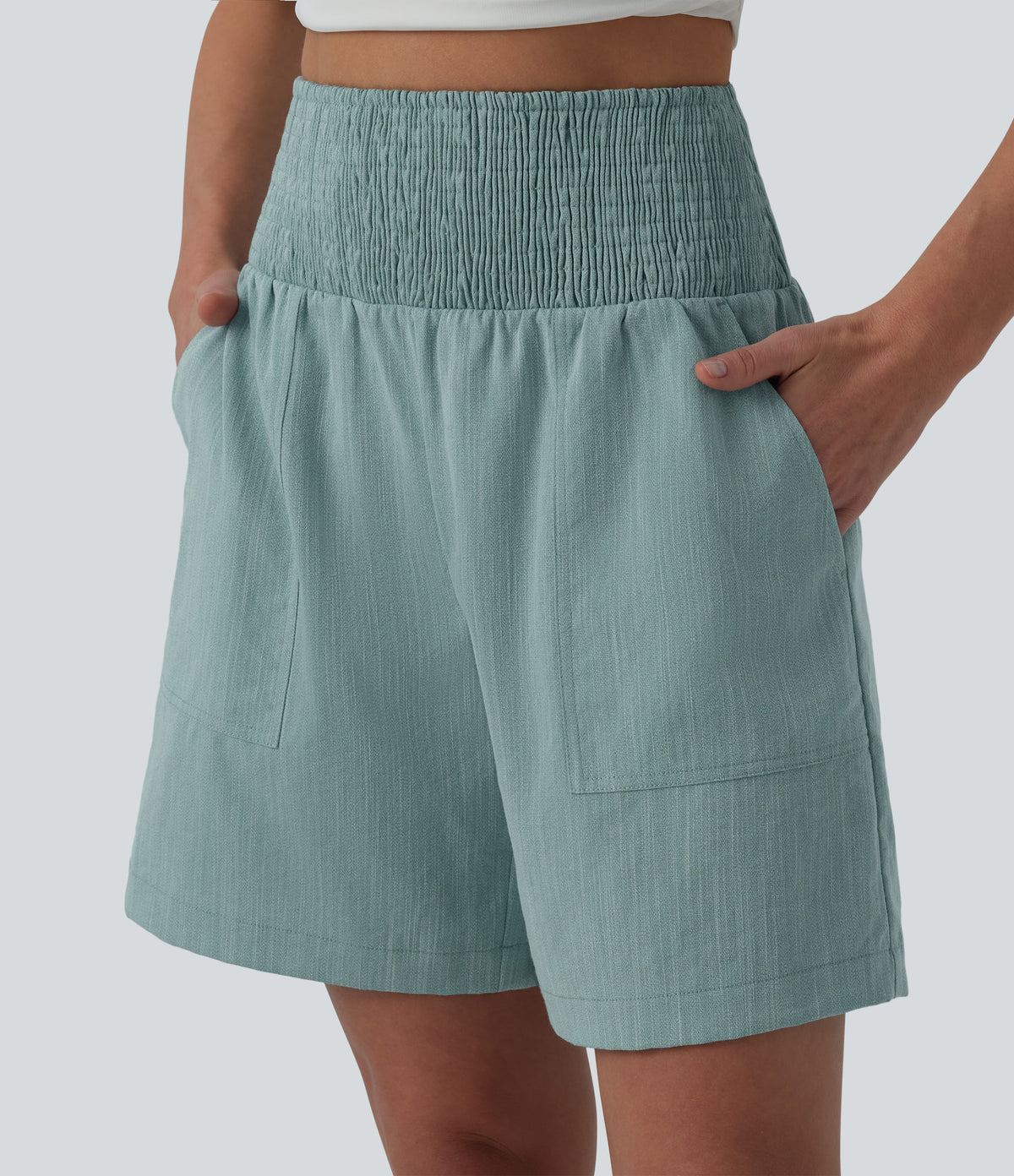 High Waisted Shirred Casual Linen-Feel Bermuda Shorts 7'' with Pockets — Silverwood Sage — view 4