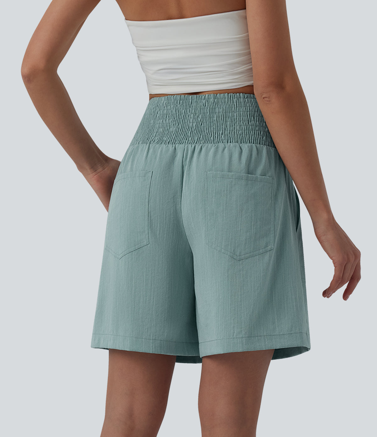 High Waisted Shirred Casual Linen-Feel Bermuda Shorts 7'' with Pockets — Silverwood Sage — view 2