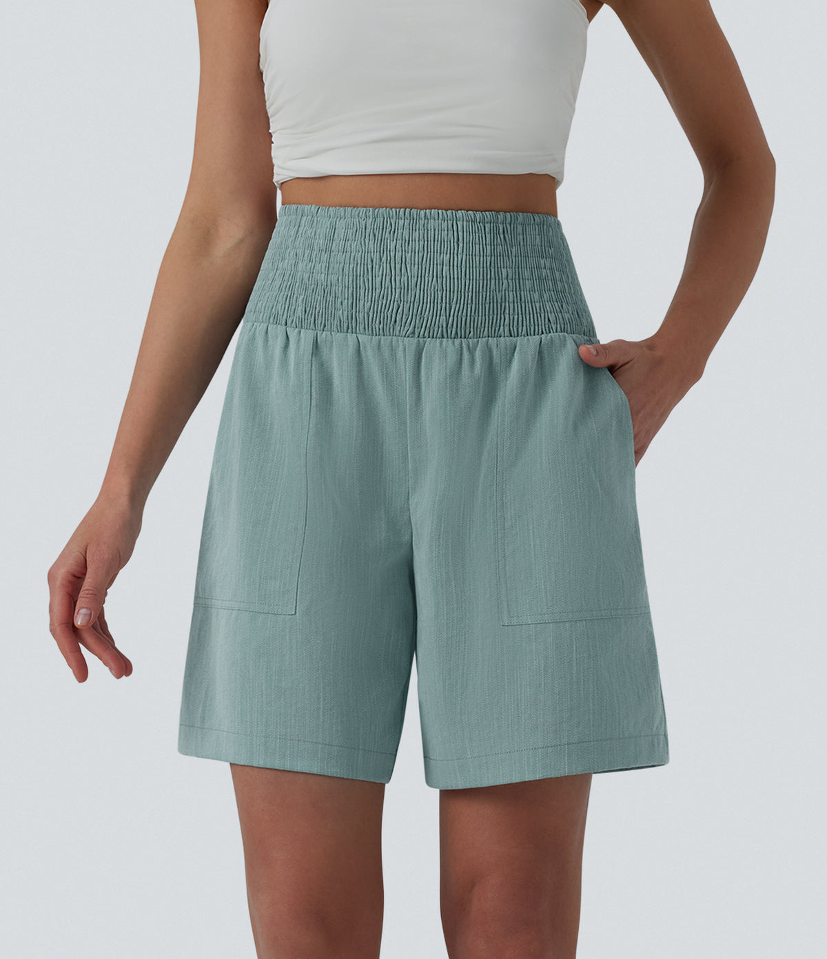 High Waisted Shirred Casual Linen-Feel Bermuda Shorts 7'' with Pockets — Silverwood Sage — view 1