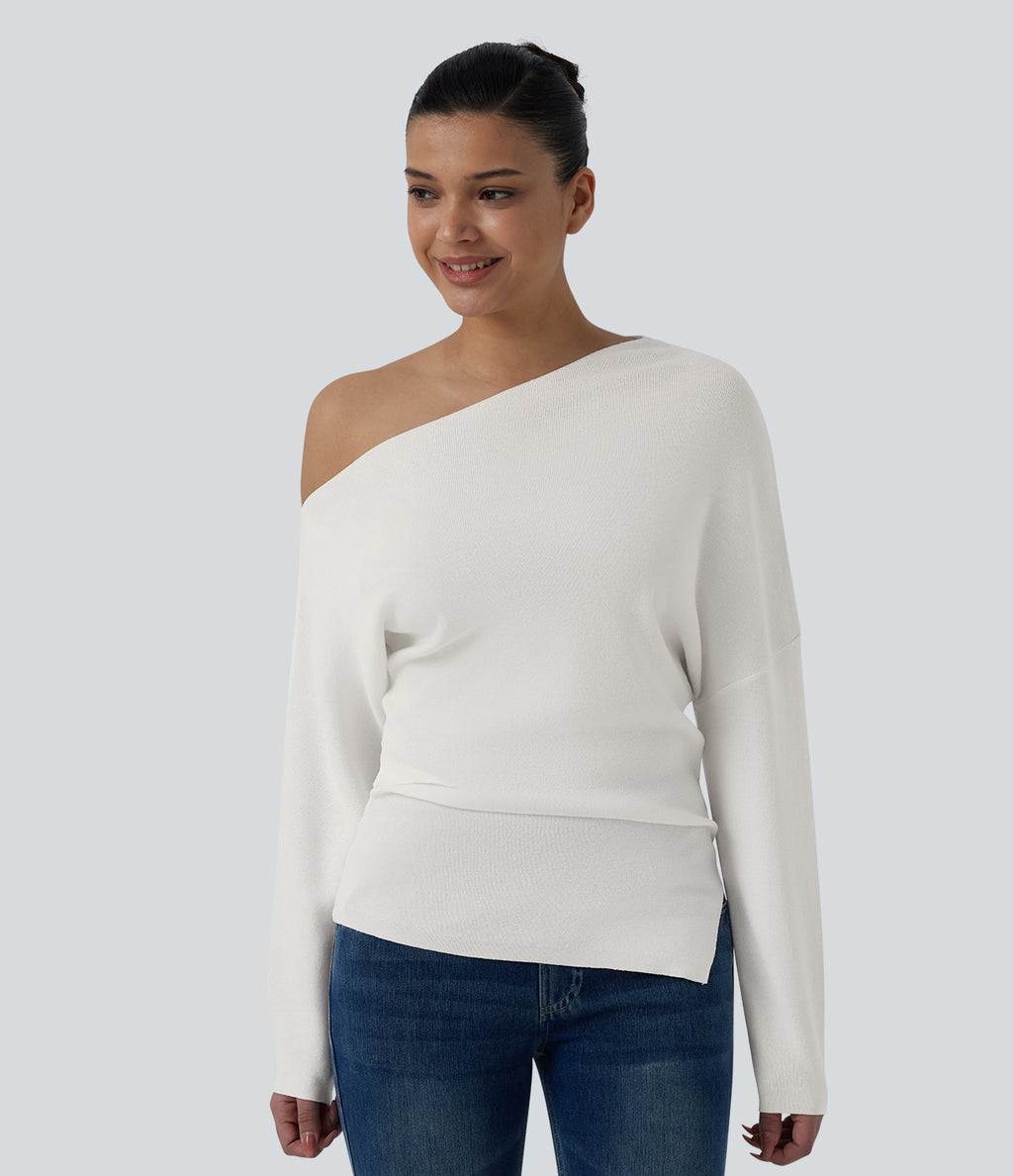 One Shoulder Long Sleeve Casual Jumper — Lily White — view 4