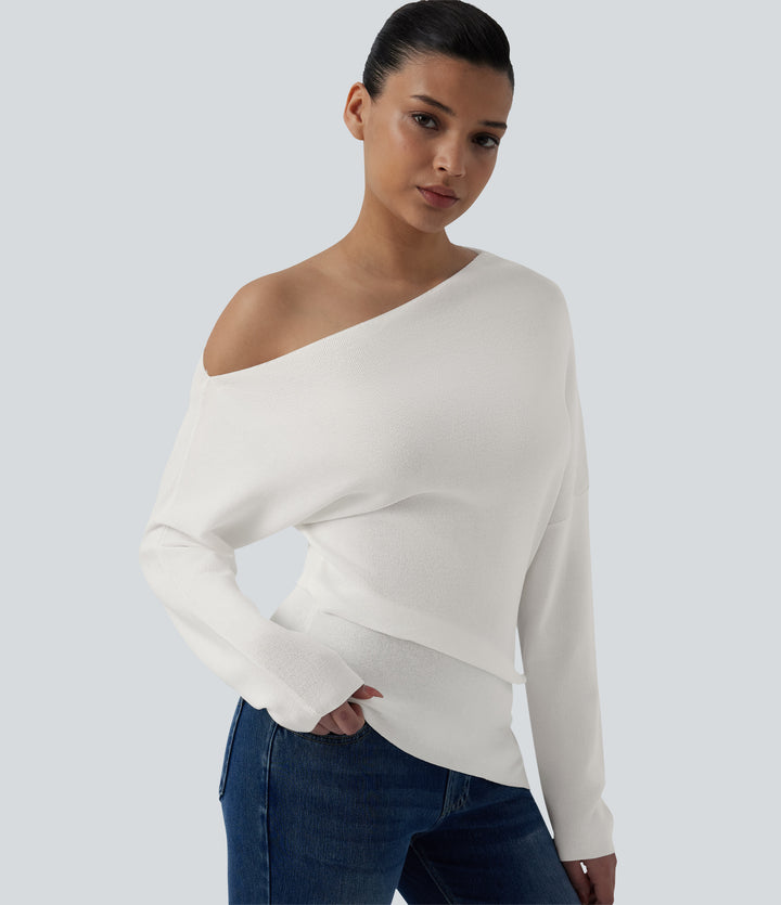 One Shoulder Long Sleeve Casual Jumper — Lily White — view 1
