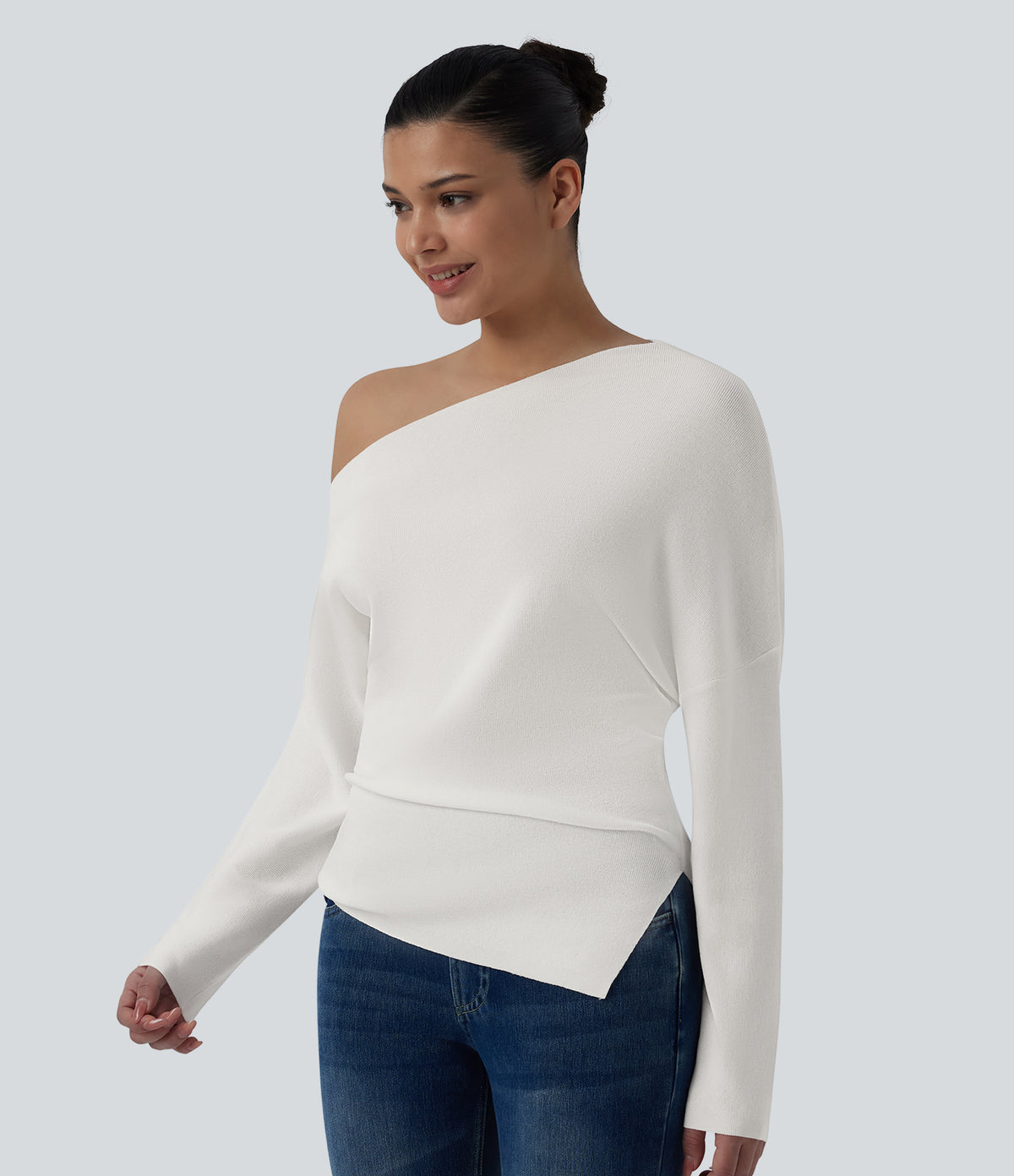 One Shoulder Long Sleeve Casual Jumper — Lily White — view 3
