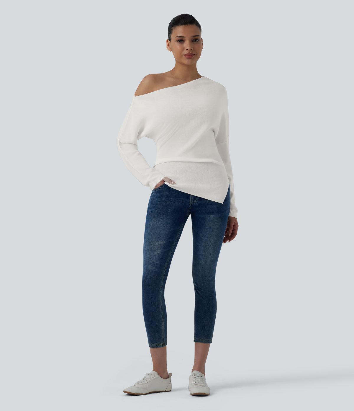 One Shoulder Long Sleeve Casual Jumper — Lily White — view 5