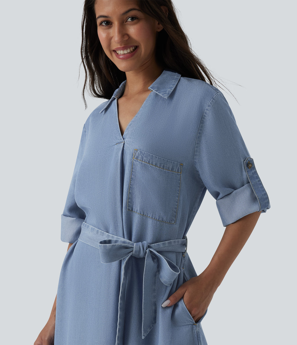 V Neck Long Sleeve Tie Front Denim Mini Casual Dress with Pockets — Blue Jasper Denim — view 5