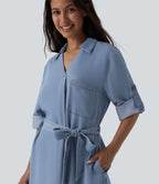 V Neck Long Sleeve Tie Front Denim Mini Casual Dress with Pockets — Blue Jasper Denim — view 5