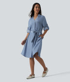 V Neck Long Sleeve Tie Front Denim Mini Casual Dress with Pockets — Blue Jasper Denim — view 1