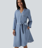 V Neck Long Sleeve Tie Front Denim Mini Casual Dress with Pockets — Blue Jasper Denim — view 4