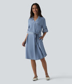 V Neck Long Sleeve Tie Front Denim Mini Casual Dress with Pockets — Blue Jasper Denim — view 3