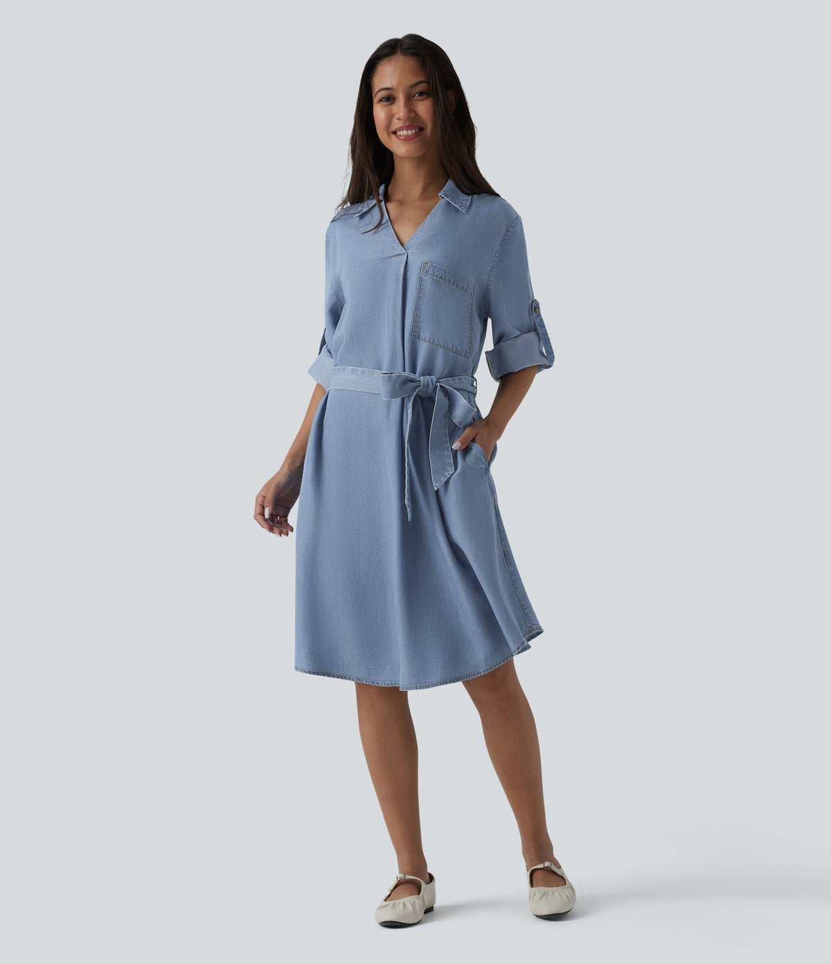 V Neck Long Sleeve Tie Front Denim Mini Casual Dress with Pockets — Blue Jasper Denim — view 3