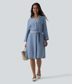 V Neck Long Sleeve Tie Front Denim Mini Casual Dress with Pockets — Blue Jasper Denim — view 6