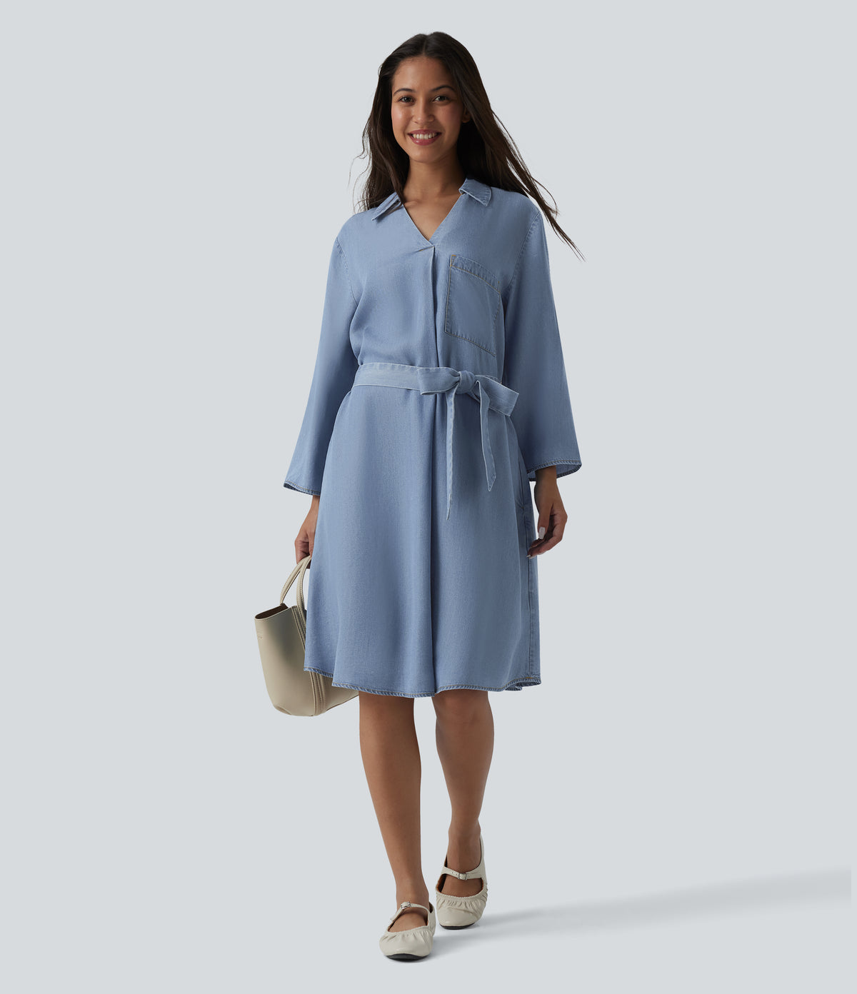 V Neck Long Sleeve Tie Front Denim Mini Casual Dress with Pockets — Blue Jasper Denim — view 6