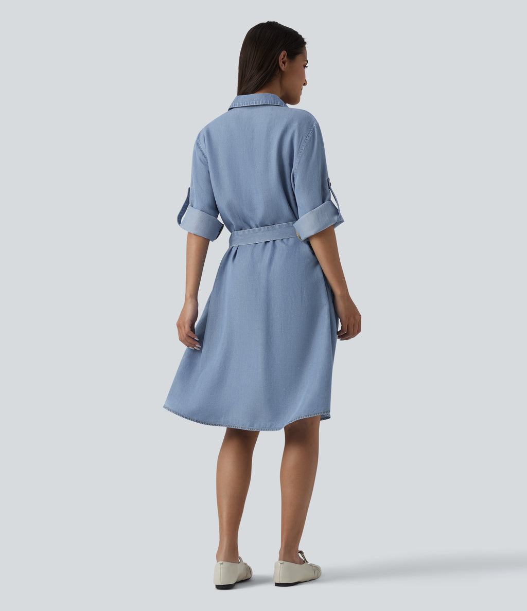 V Neck Long Sleeve Tie Front Denim Mini Casual Dress with Pockets — Blue Jasper Denim — view 2