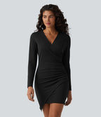 Deep V Neck Long Sleeve Ruched Mini Bodycon Dress — Black — view 6