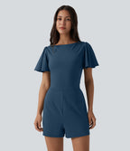 Airy Flounce Short Sleeve Tie Back InstantCool Casual Playsuit with Pockets-Edition — Majolica Blue — view 2