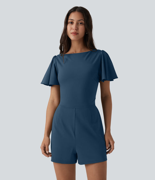 Airy Flounce Short Sleeve Tie Back InstantCool Casual Playsuit with Pockets-Edition — Majolica Blue — view 2
