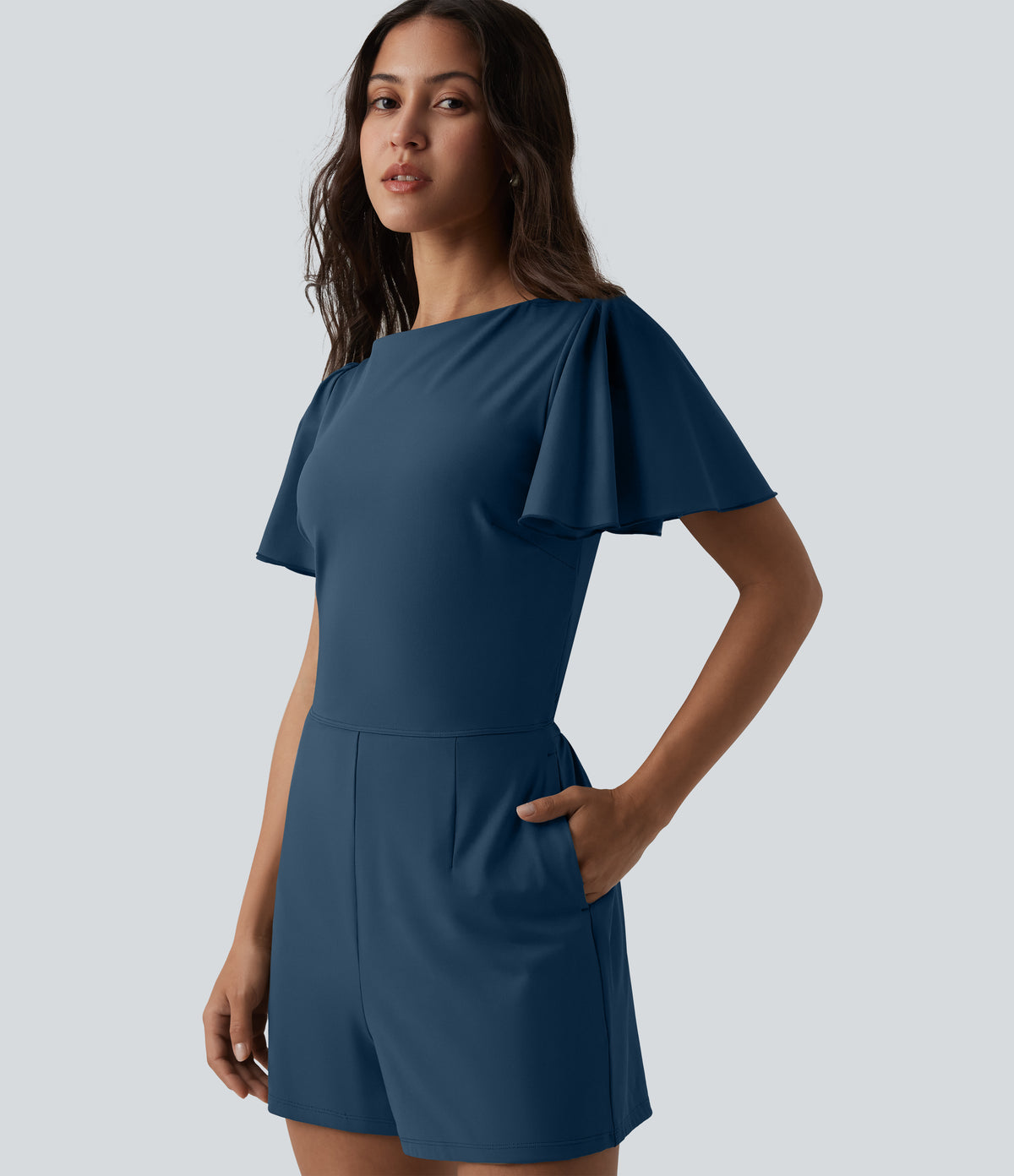 Airy Flounce Short Sleeve Tie Back InstantCool Casual Playsuit with Pockets-Edition — Majolica Blue — view 5