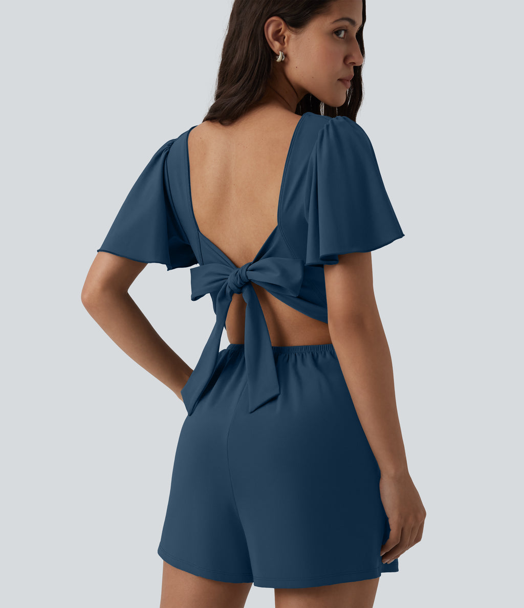 Airy Flounce Short Sleeve Tie Back InstantCool Casual Playsuit with Pockets-Edition — Majolica Blue — view 4