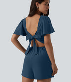 Airy Flounce Short Sleeve Tie Back InstantCool Casual Playsuit with Pockets-Edition — Majolica Blue — view 4