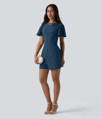 Airy Flounce Short Sleeve Tie Back InstantCool Casual Playsuit with Pockets-Edition — Majolica Blue — view 6