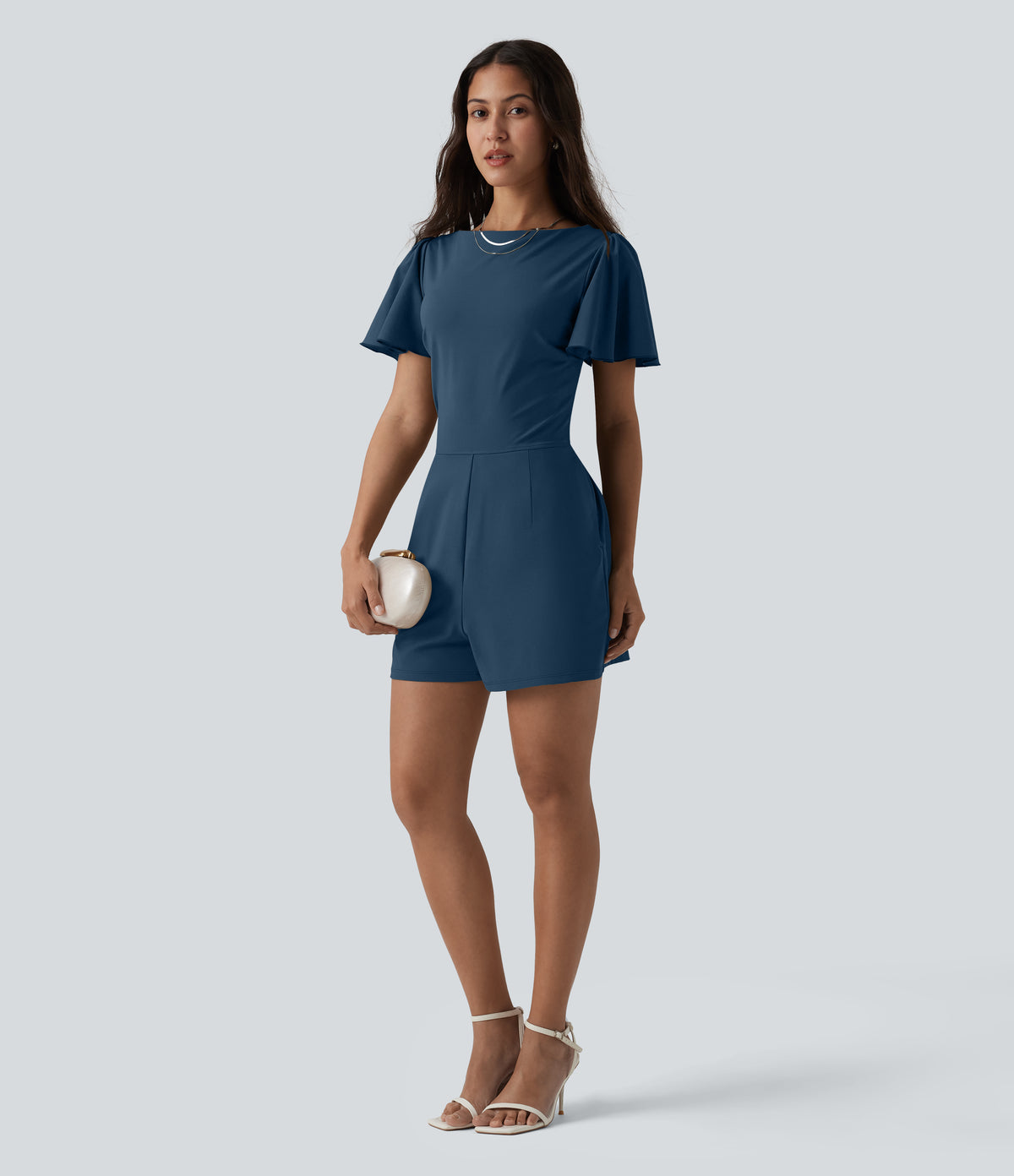 Airy Flounce Short Sleeve Tie Back InstantCool Casual Playsuit with Pockets-Edition — Majolica Blue — view 6