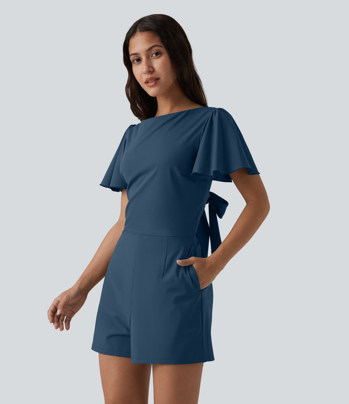 Airy Flounce Short Sleeve Tie Back InstantCool Casual Playsuit with Pockets-Edition — Majolica Blue — view 3
