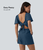 Airy Flounce Short Sleeve Tie Back InstantCool Casual Playsuit with Pockets-Edition — Majolica Blue — view 1