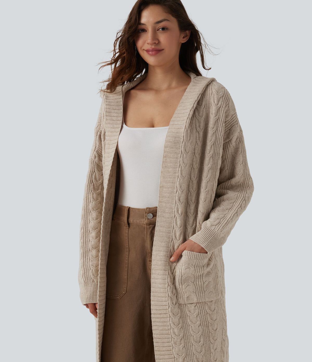 Hooded Long Sleeve Longline Casual Cardigan with Pockets — Oatstone Beige — view 5