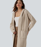 Hooded Long Sleeve Longline Casual Cardigan with Pockets — Oatstone Beige — view 6