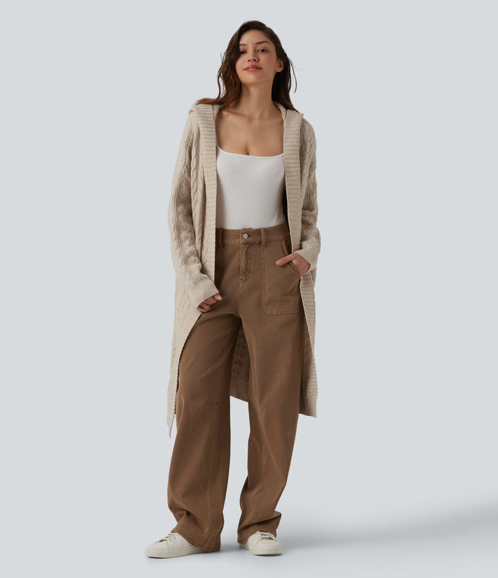 Hooded Long Sleeve Longline Casual Cardigan with Pockets — Oatstone Beige — view 1