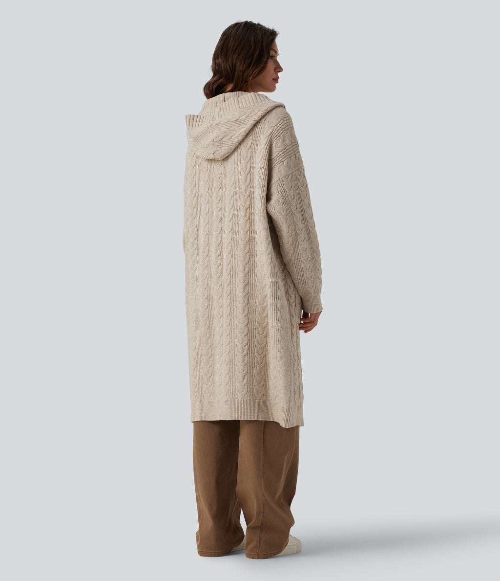 Hooded Long Sleeve Longline Casual Cardigan with Pockets — Oatstone Beige — view 2