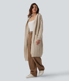 Hooded Long Sleeve Longline Casual Cardigan with Pockets — Oatstone Beige — view 3
