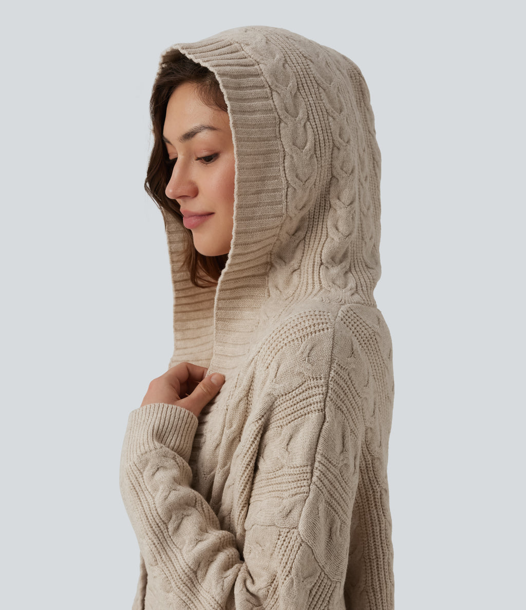 Hooded Long Sleeve Longline Casual Cardigan with Pockets — Oatstone Beige — view 4