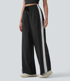 High Waisted Drawstring Wide Leg Stripe Quick Dry InstantCool Running Trousers with Pockets-UPF40+ — Black — view 6