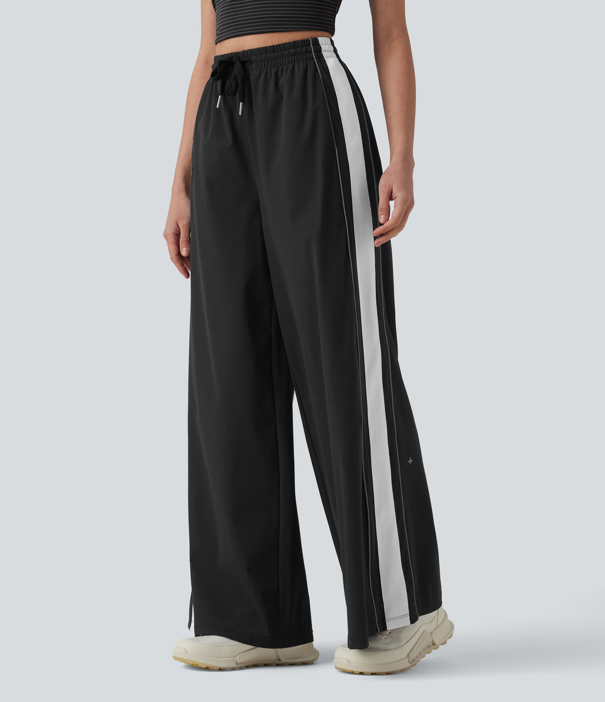 High Waisted Drawstring Wide Leg Stripe Quick Dry InstantCool Running Trousers with Pockets-UPF40+ — Black — view 6