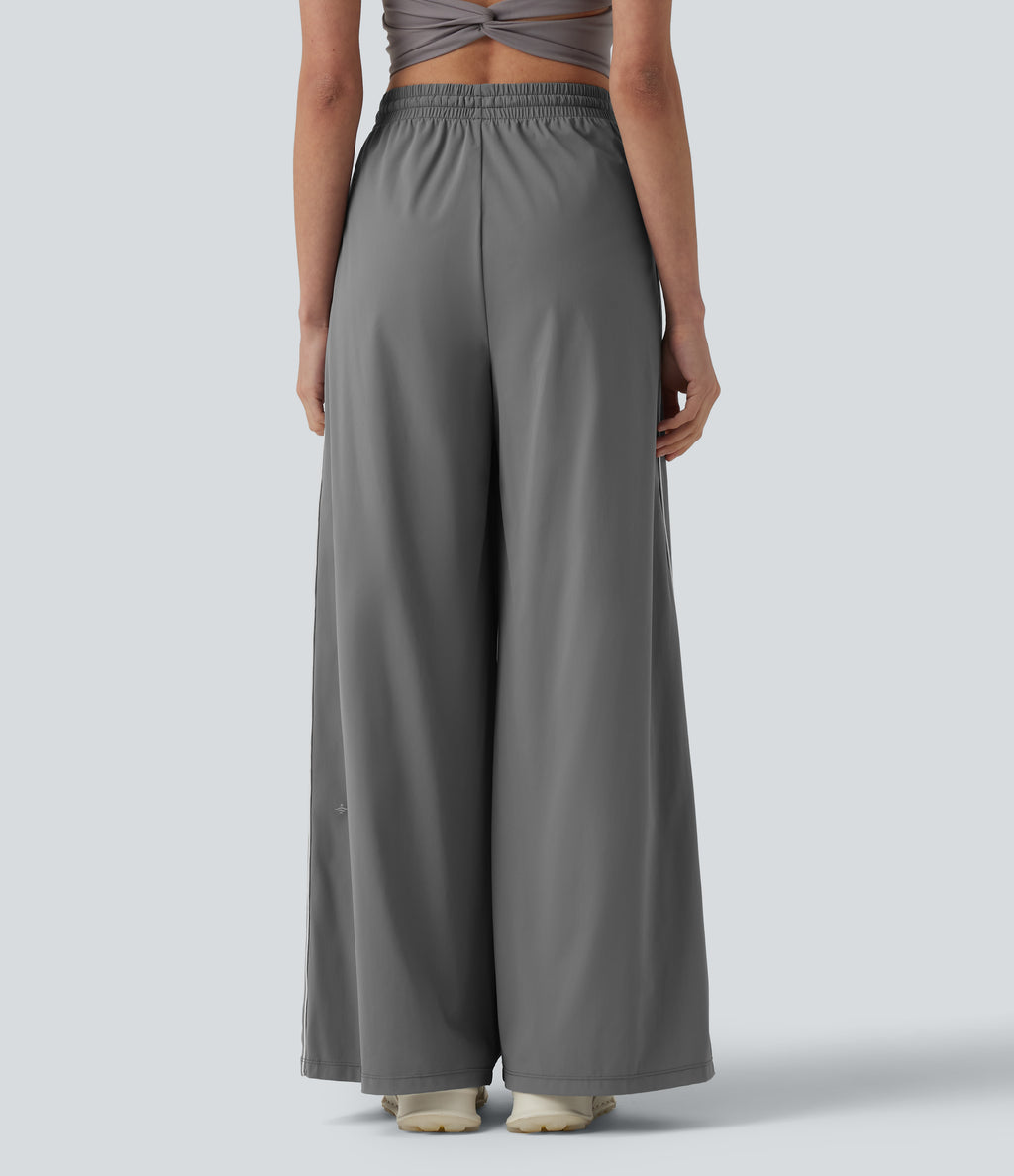 High Waisted Drawstring Wide Leg Stripe Quick Dry InstantCool Running Trousers with Pockets-UPF40+ — Steel Gray — view 2